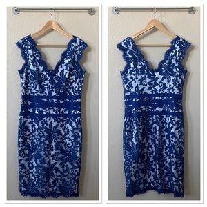 Tadashi Shoji Embroidered Lace Ribbon V-Neck Sheath Dress Sz:14 Blue/White